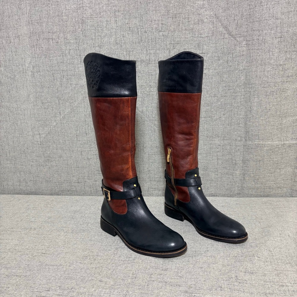 Vince Camuto Flavian Riding Boots 8B Black Cognac Brown Leather Tall